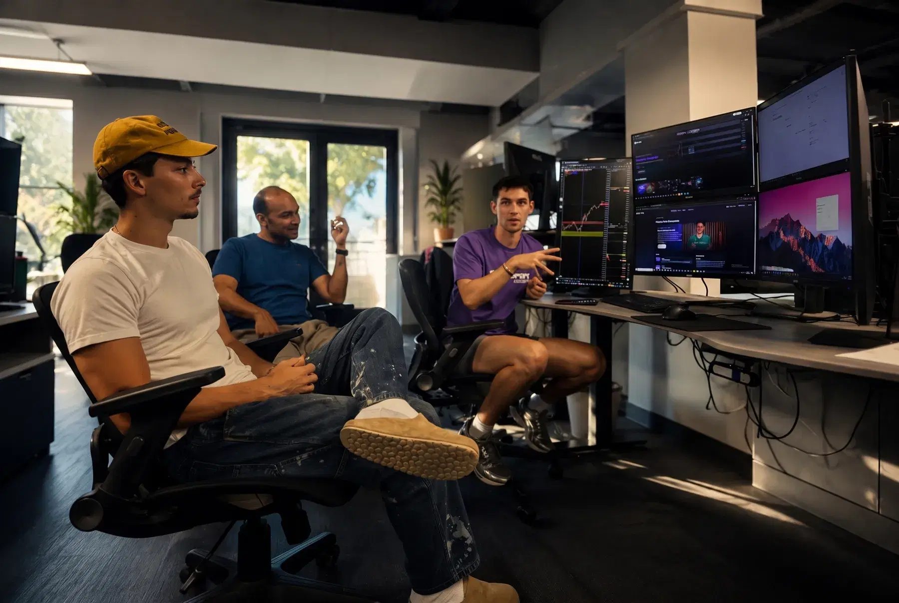 GAPAT traders working together at a multi-monitor desk on the trading floor